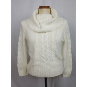 NEW BEBE Womens Sz L Cream Cable Knit 3/4 Sleeve Open Back Turtleneck Shaw Crop
